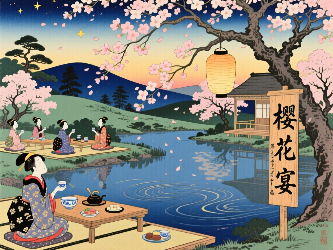 A cherry blossom viewing party reflected shimmering in calm evening water.