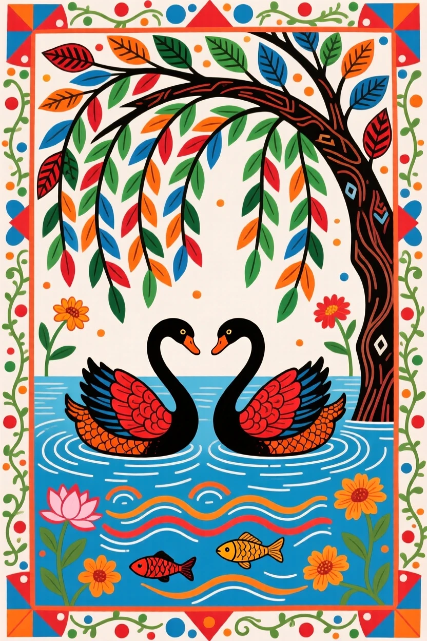 A pair of swans gliding side by side beneath a willow tree.