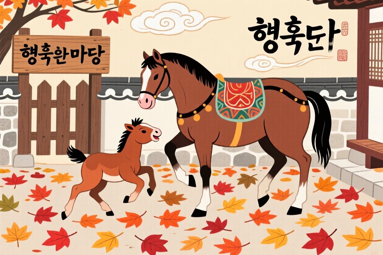 A young foal beside its mother playing together in a courtyard full of fallen leaves.