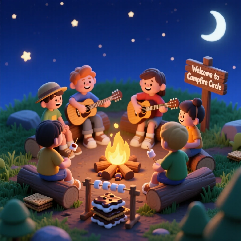 A summer camp campfire sing-along with s'mores roasting, guitars strumming, and stars twinkling above the circle of friends.