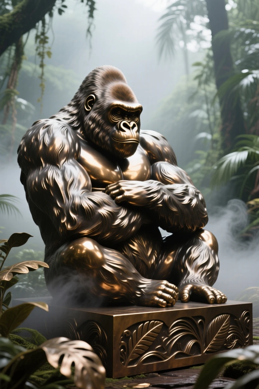 A majestic silverback gorilla resting in a misty jungle clearing, surrounded by atmospheric mist and light, evoking wonder and majesty