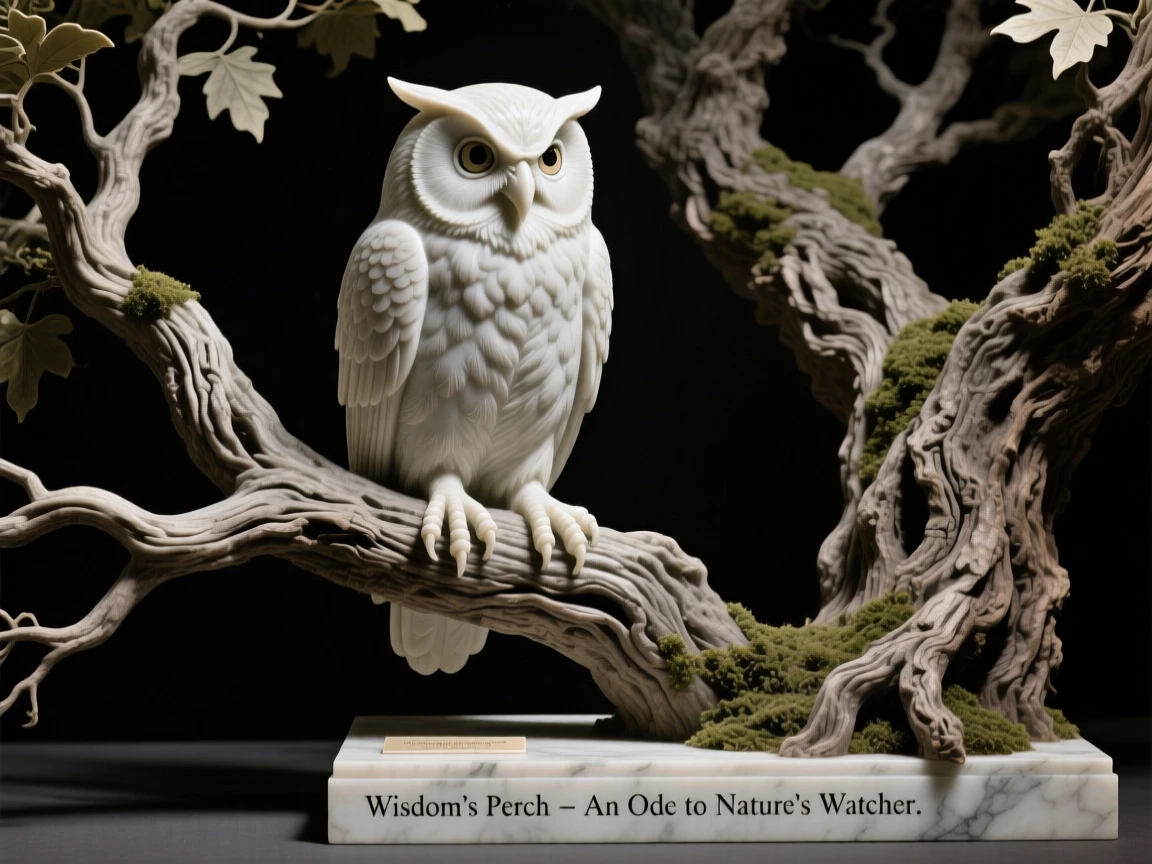 A beautifully composed image of a wise old owl perched in an ancient oak, captured with cinematic depth and detail, full of atmosphere and visual storytelling