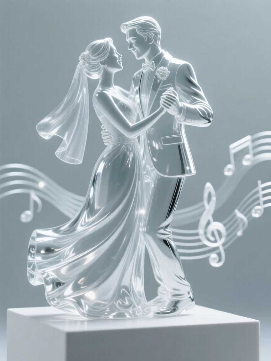 A newlywed couple sharing their first dance, with distant music drifting faintly through the air