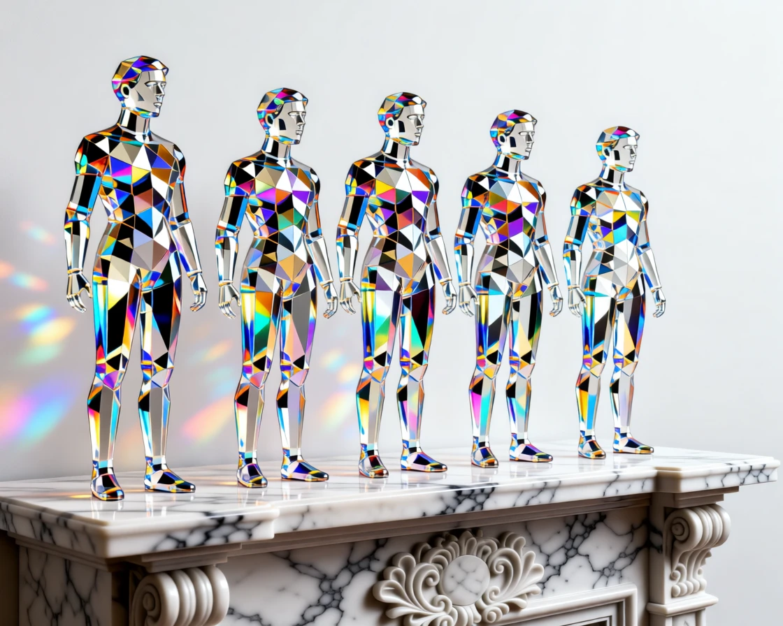 A set of hand-painted porcelain figurines arranged on a marble mantelpiece.