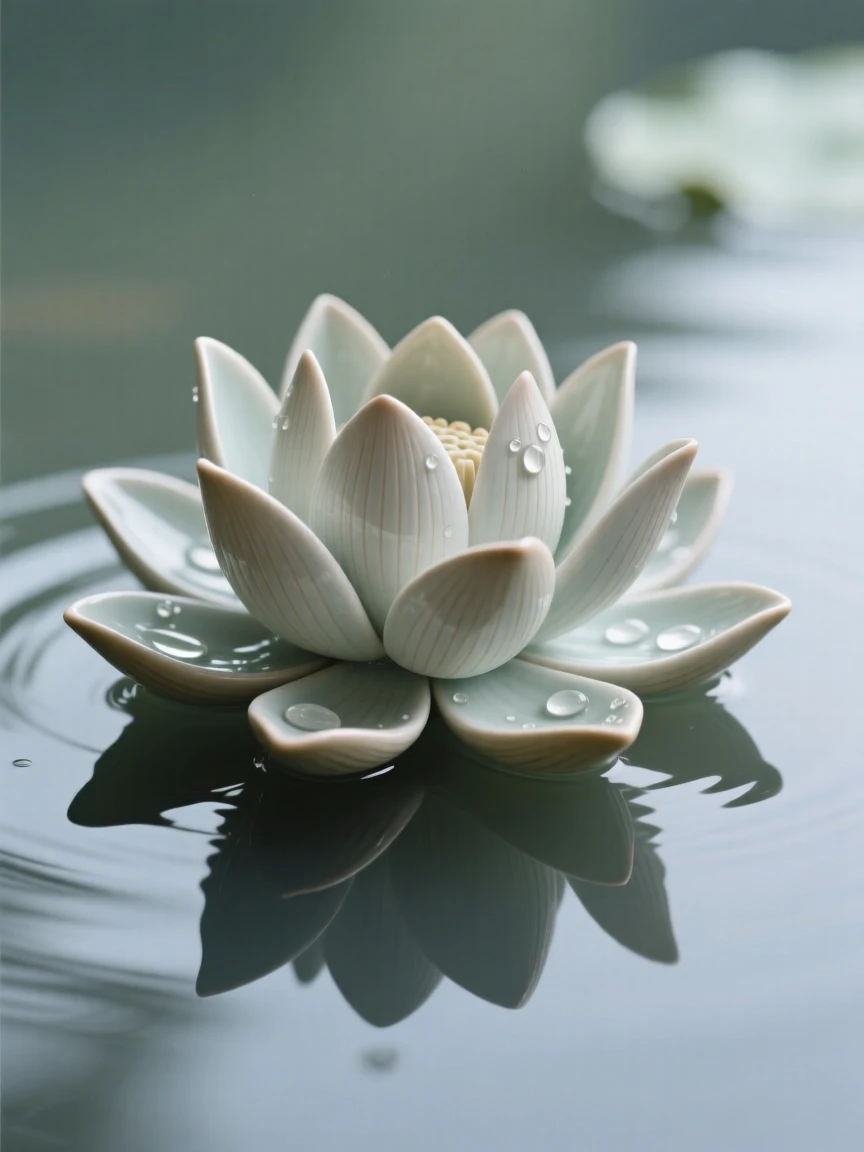 A delicate lotus floating atop still water reaching upward in quiet aspiration, with dew glistening on each petal, capturing a fleeting, delicate moment in bloom.