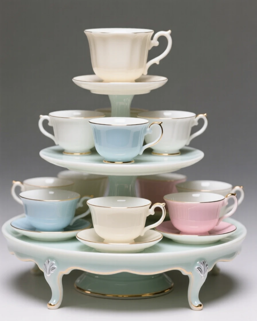 A collection of vintage teacups arranged on tiered display stands, forming a harmonious, elegant composition.