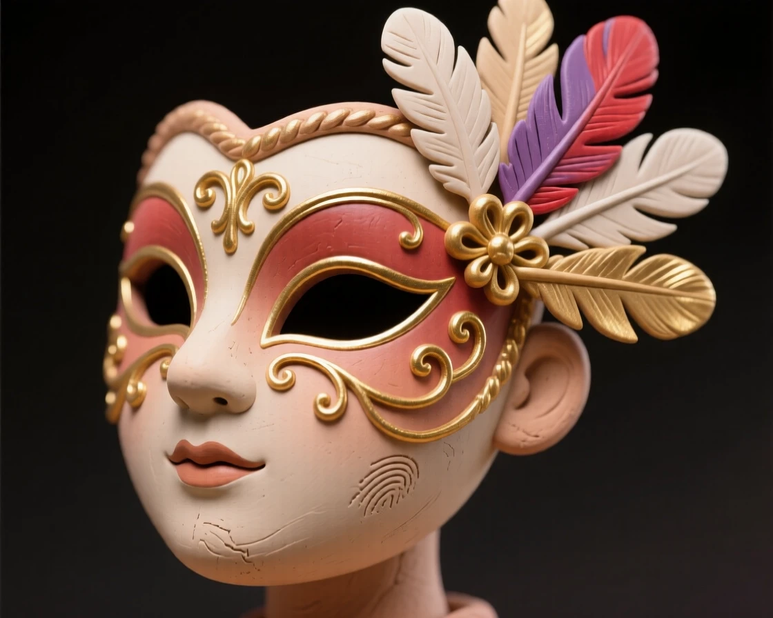 A traditional Venetian mask adorned with feathers and gold filigree