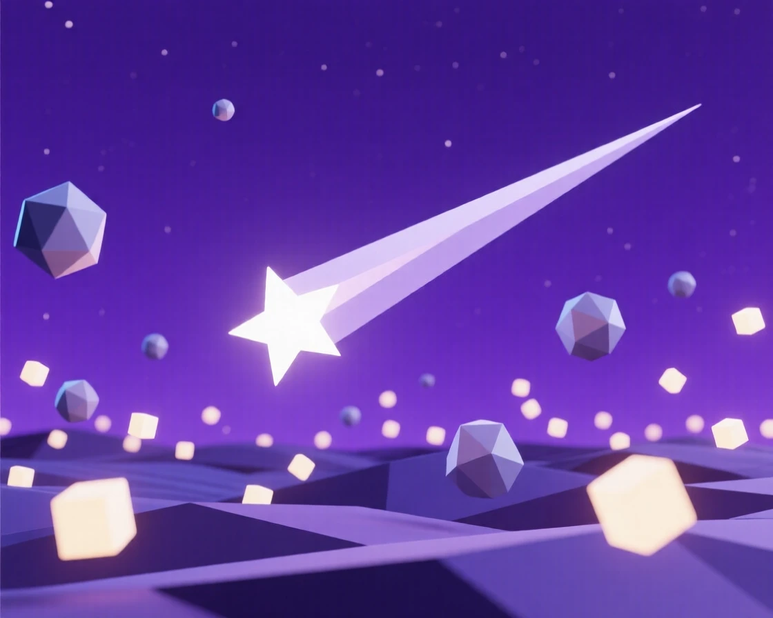 A shooting star streaking across a deep purple sky, beneath a canopy of dreamlike floating light. rich color gradients enhance the dreamlike atmosphere. The scene feels vast, mysterious, and awe-inspiring.