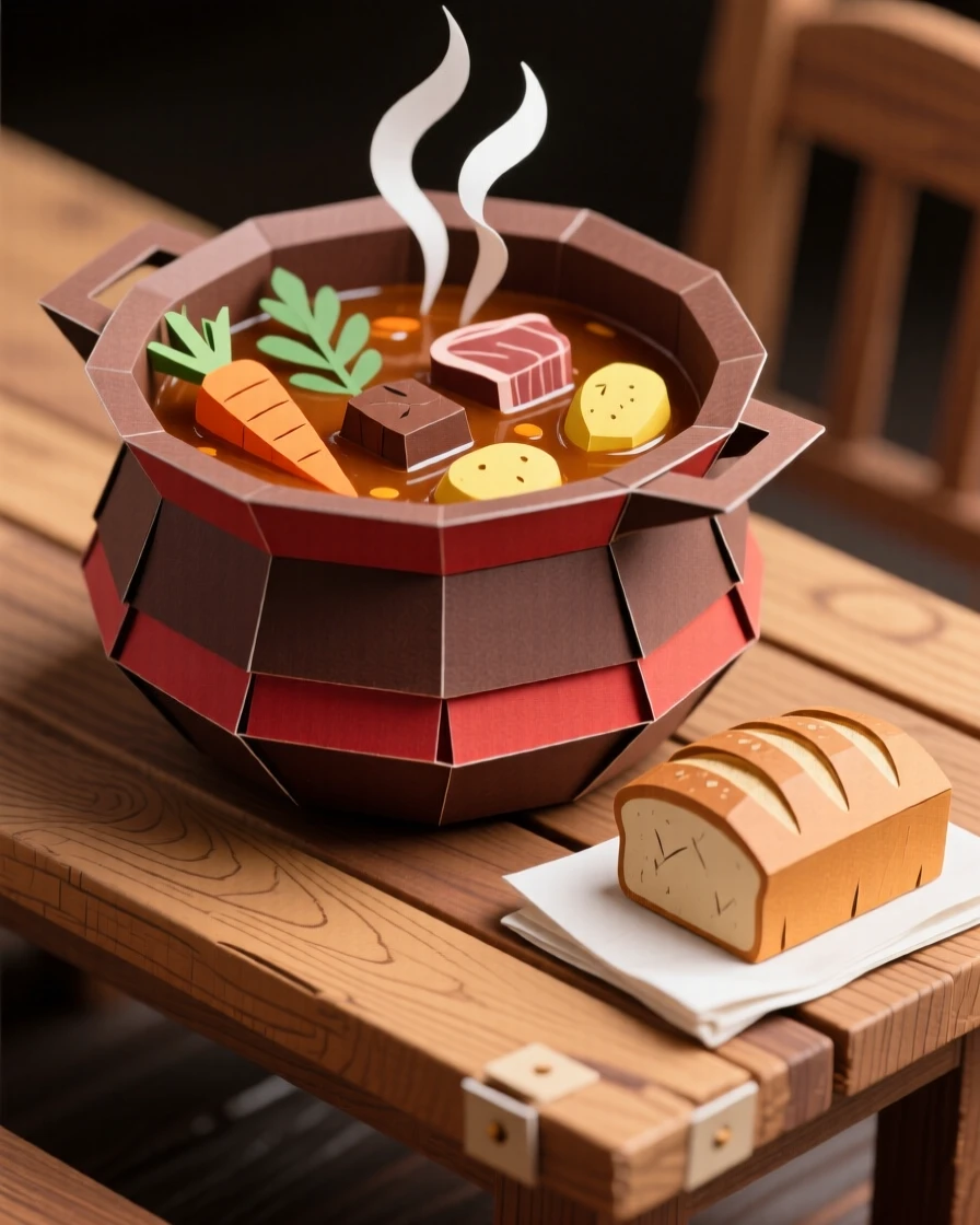 A rich pot of simmering stew set on a rustic wooden table, with warm bread resting alongside, evoking cozy, homemade charm.