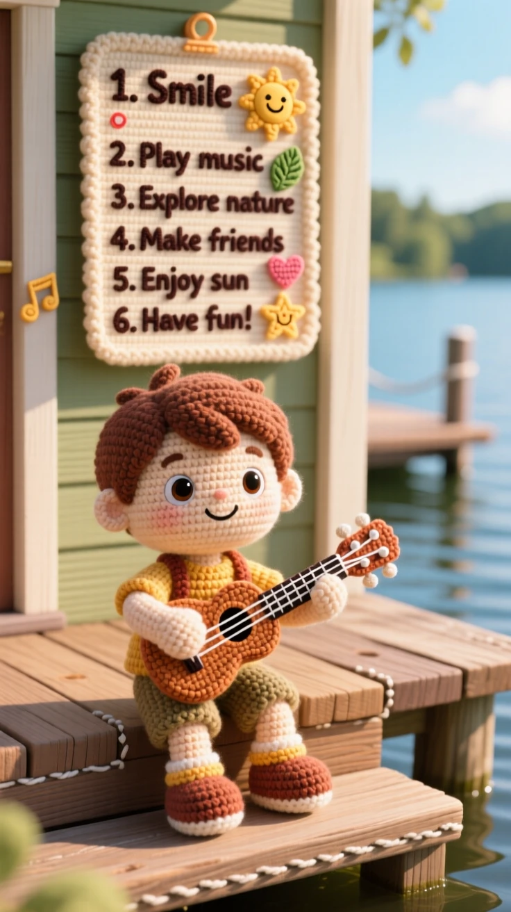 a small boy playing the ukulele, with a cheerful strumming motion, is captured sitting on a porch step in the sun in a peaceful lakeside dock beside a cheerful checklist pinned to a board, showing cheerful curiosity and hands-on delight.