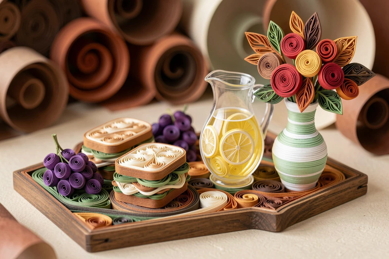 a picnic spread of sandwiches, grapes, and lemonade, on a wooden tray beside a vase of fresh flowers, framed with a shallow depth of field on the main subject, in cozy autumnal tones of rust and brown.