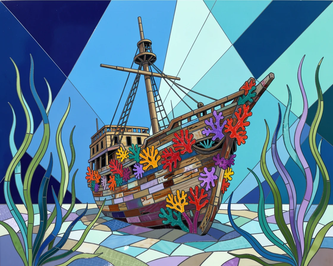 A vivid underwater scene of a sunken shipwreck covered in coral and swaying sea plants, rich in color and serene movement.
