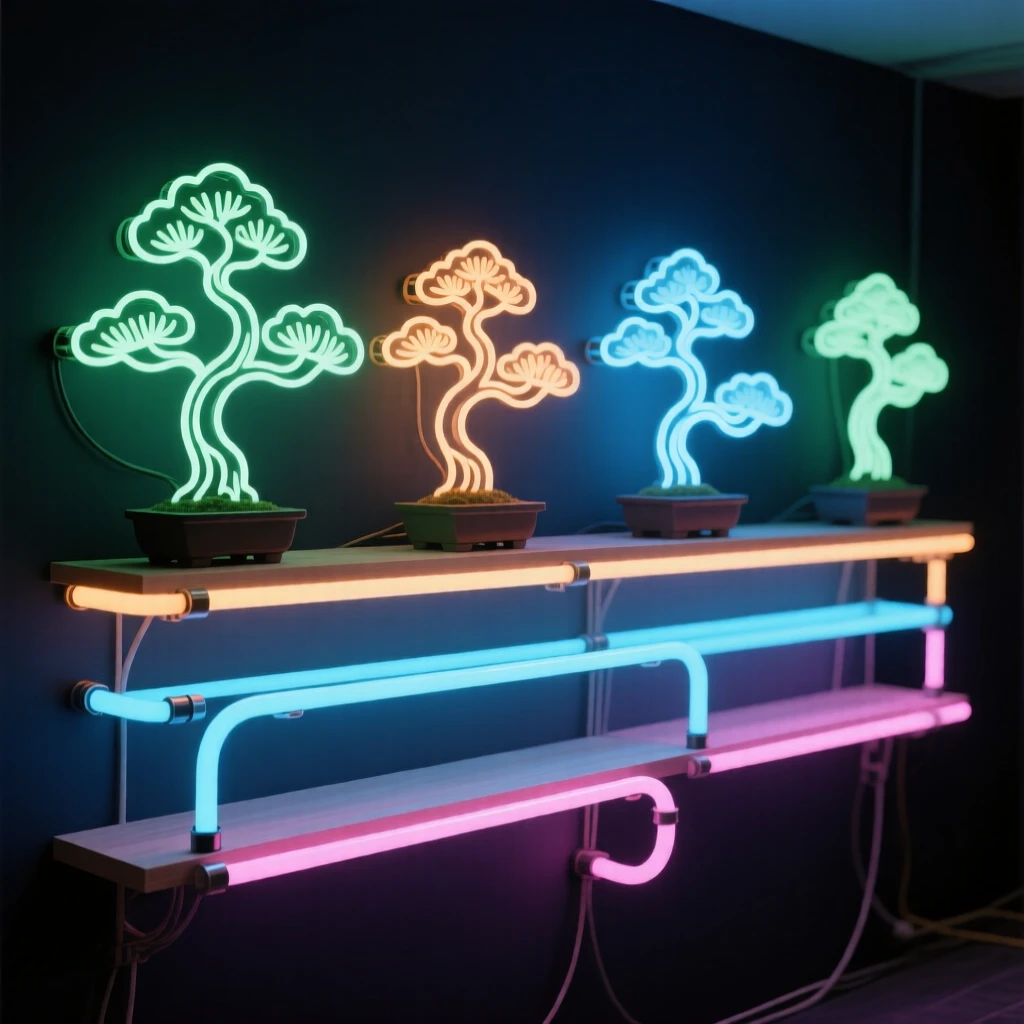 A row of miniature bonsai trees arranged on tiered shelving.