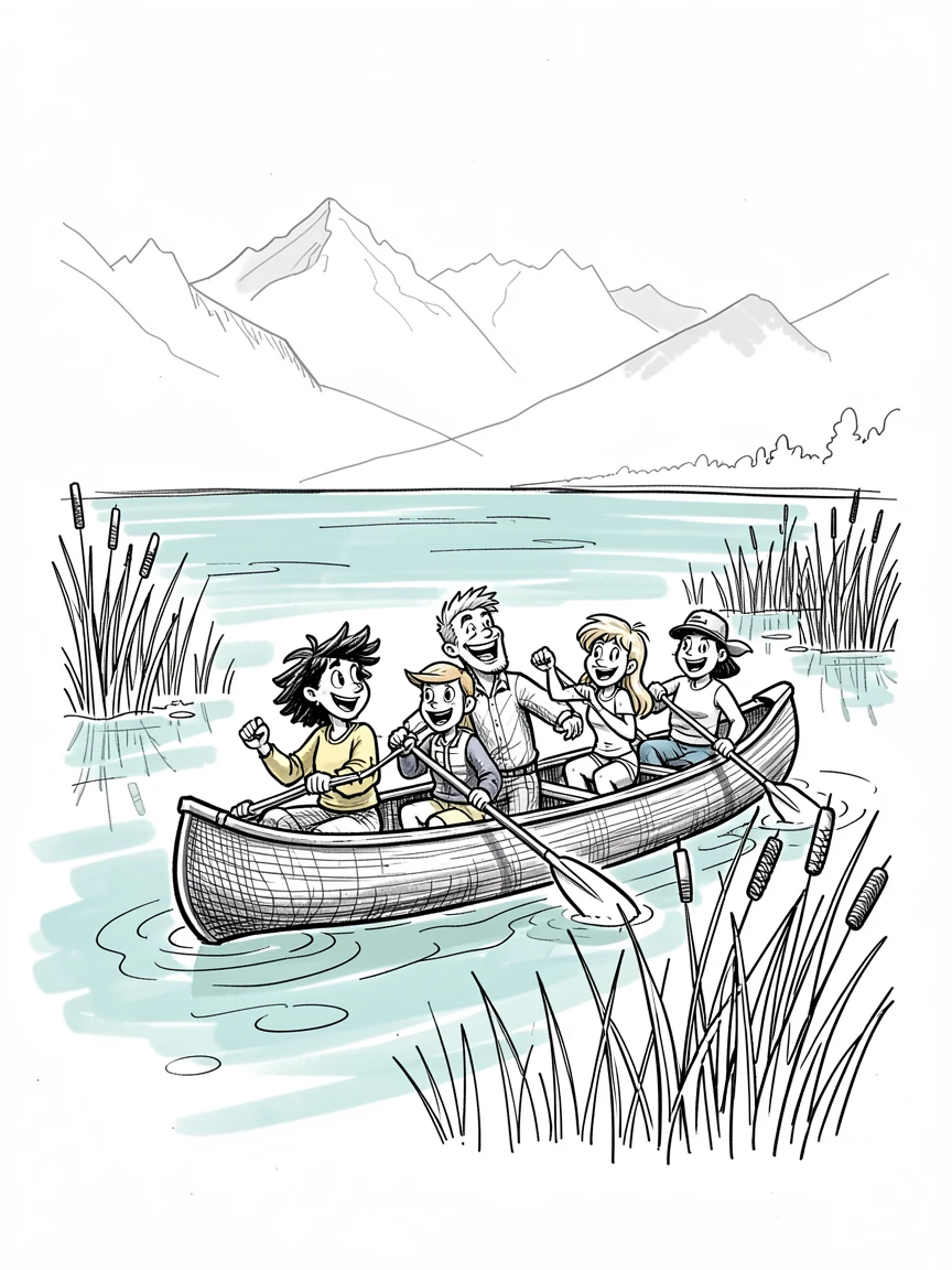 A group of friends canoeing through a quiet marsh beside a crystal-clear alpine lake.