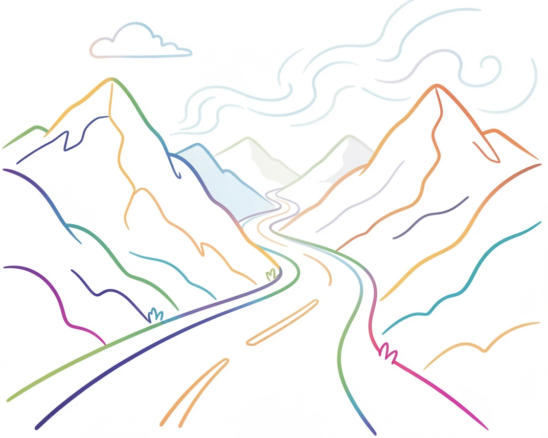 A quiet mountain pass with a winding road disappearing into fog.