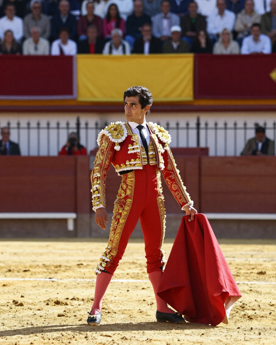A Spanish bullring with a matador in ornate costume
