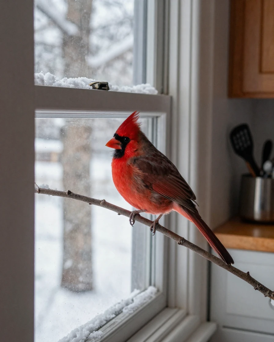 A bright red cardinal perches on a snow-covered branch outside a kitchen window.