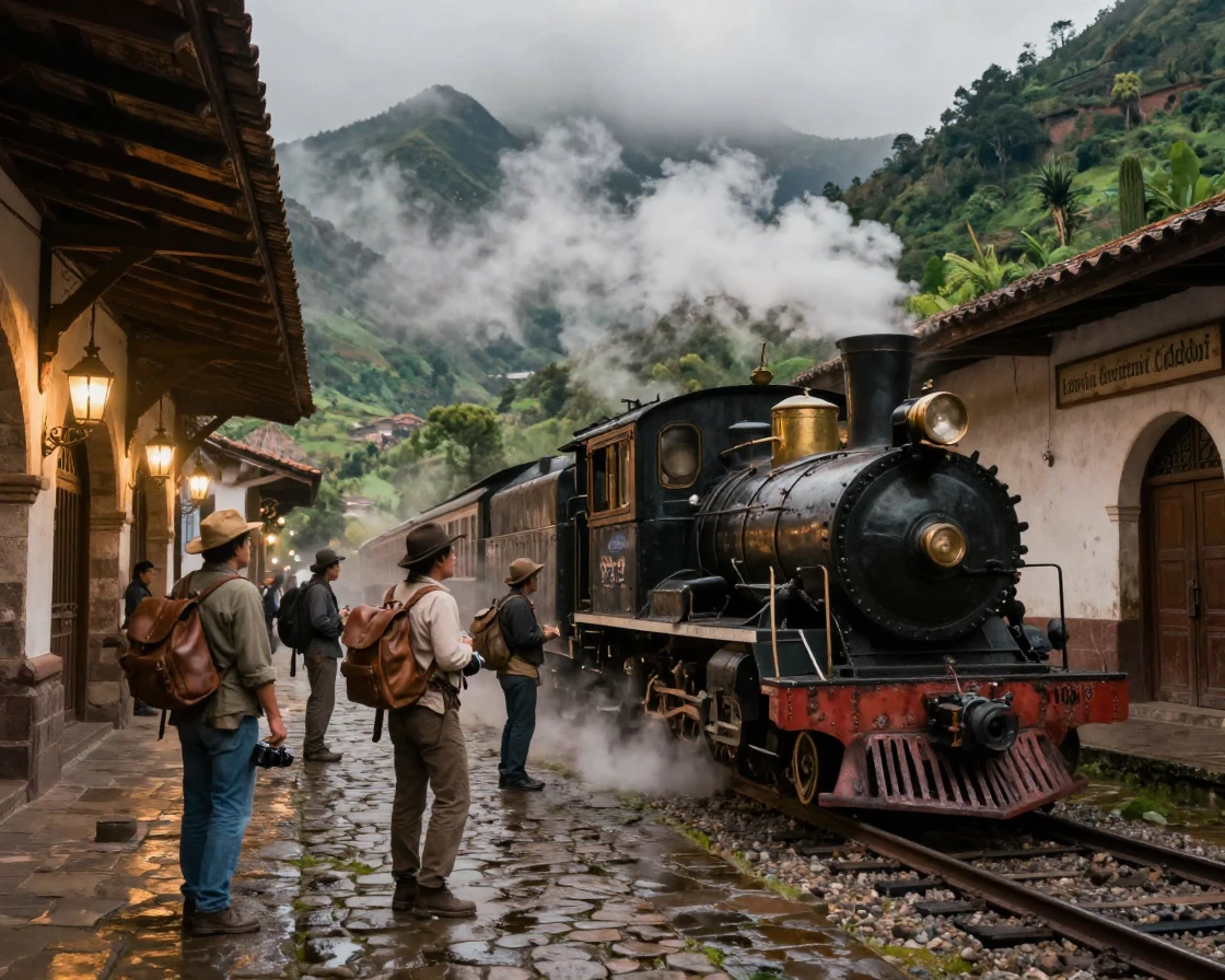 Travelers exploring an old world train station filled with steam deep within an ancient Andean valley
