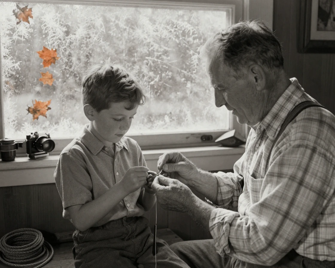 A grandfather teaching his grandson to tie a fishing knot, in soft window light, with frost coating every surface, as summer fades into fall, with stark black-and-white contrast softened by a single warm hue, at eye level, intimate and direct.