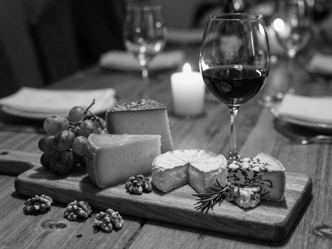 A rustic cheese board is paired with a glass of red wine at an intimate dinner party.