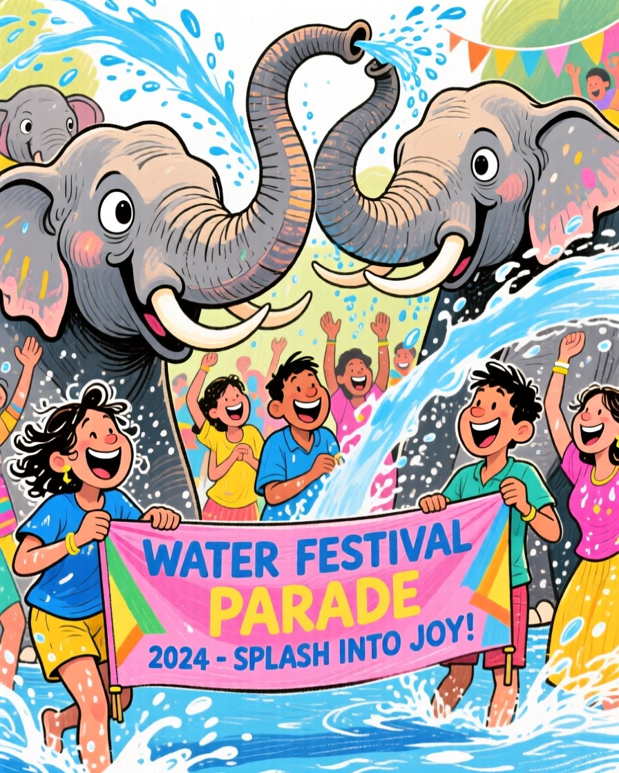 A group celebrating a water festival parade with elephants spraying water.