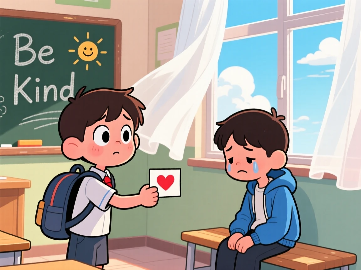 A heartwarming moment depicting a shy student offering a kind gesture to someone in need, as a gentle breeze stirs nearby curtains.