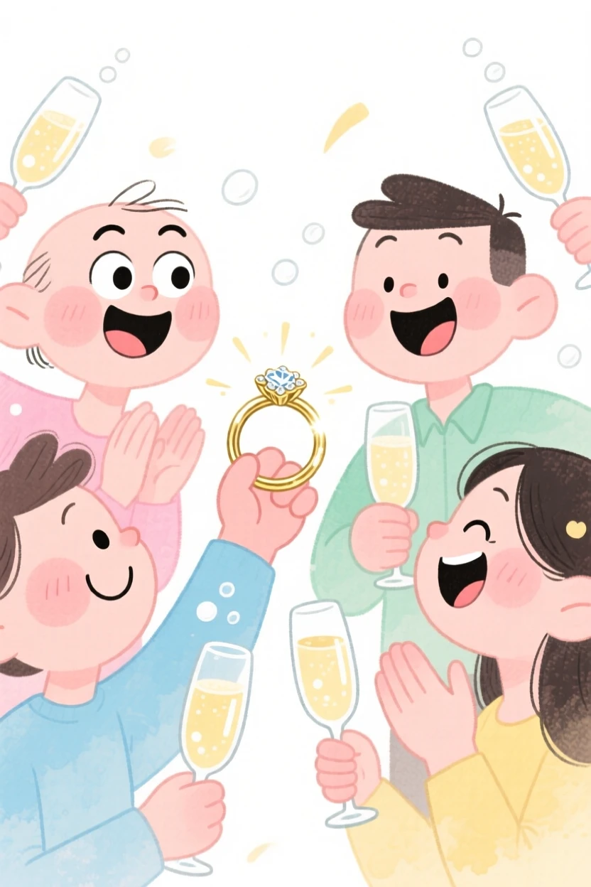 A joyful celebration scene of an engagement celebration with a sparkling ring and champagne, bursting with color and joy
