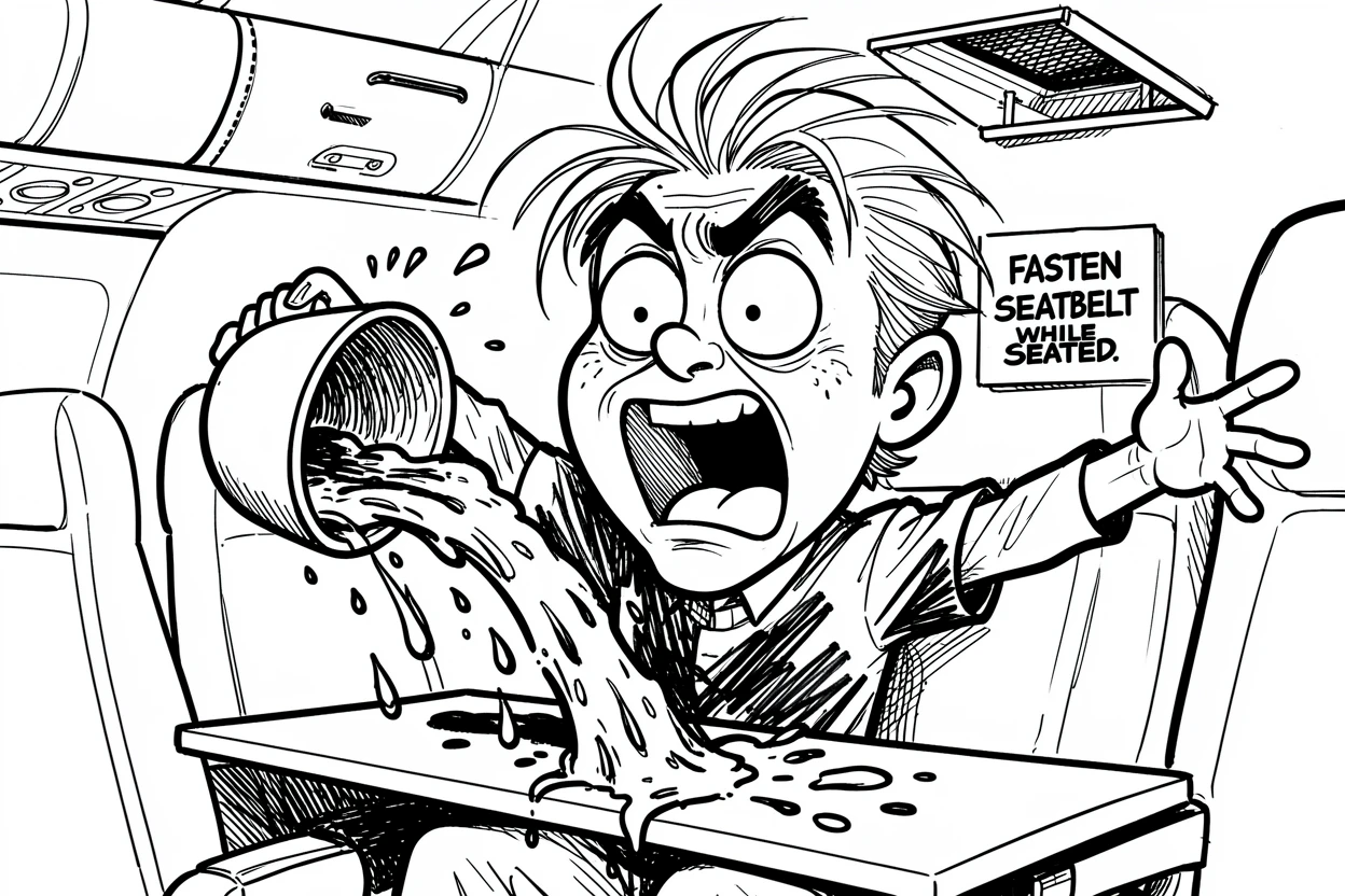 [Funny & Exaggerated Situations] Comical scene of a panicked airplane passenger spilling coffee everywhere, exaggerated for maximum laughs