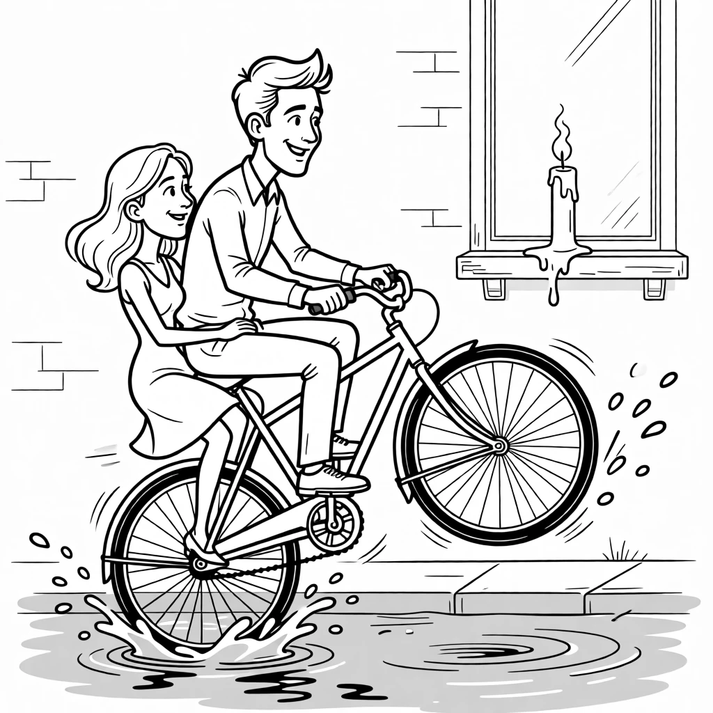 A couple attempting a clumsy tandem bike ride, wobbling dangerously as the bike veers off course, set splashing through a flooded sidewalk. A half-melted candle flickers on the windowsill. The scene feels like a love story told through small moments.