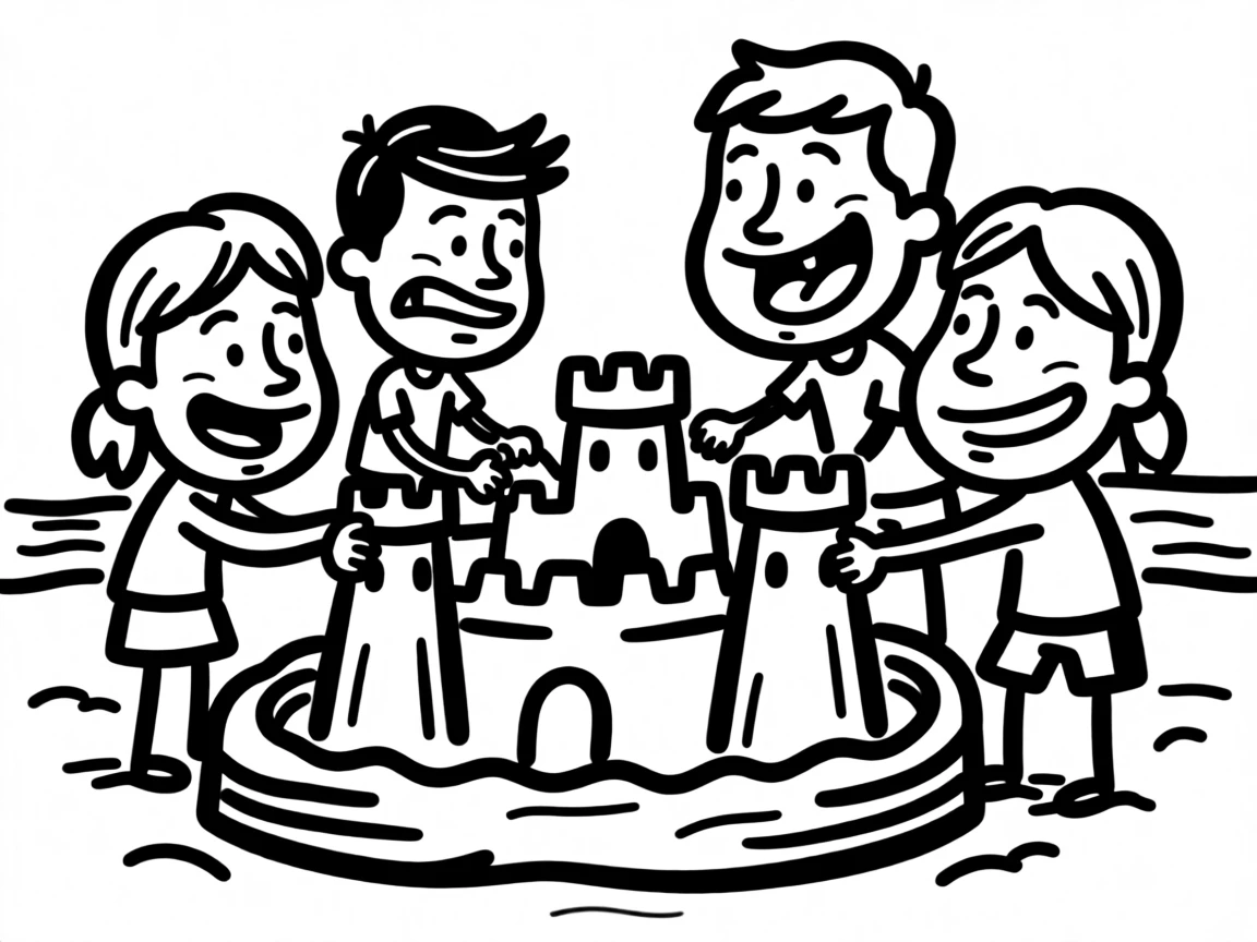 A family building an elaborate sandcastle complete with towers and a moat at the beach.