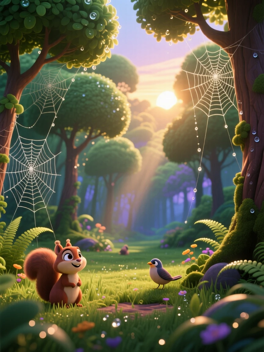 A dense emerald forest glows as the first light of dawn spills over the horizon, with delicate spider webs beaded with dew. A deep sense of peace and quiet awe fills the scene.