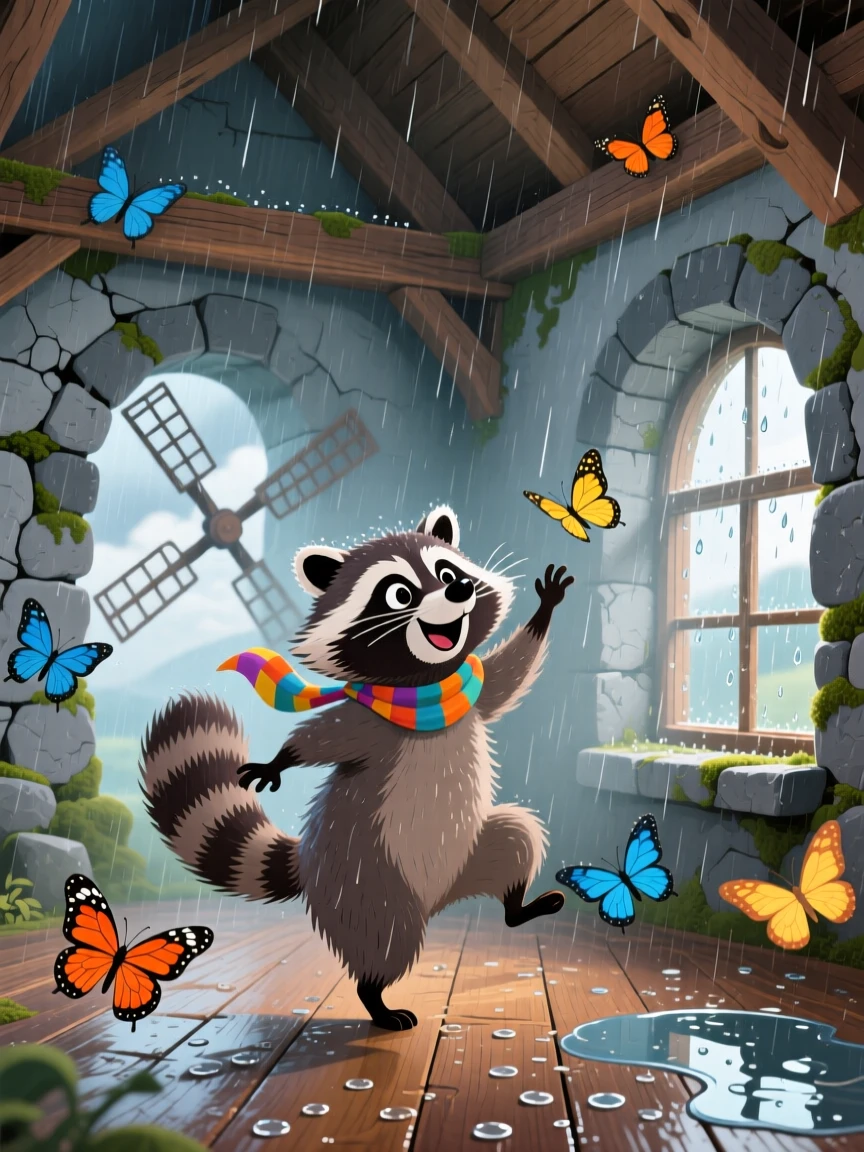 A mischievous raccoon is dancing in the rain in an old stone windmill, while butterflies flutter nearby.