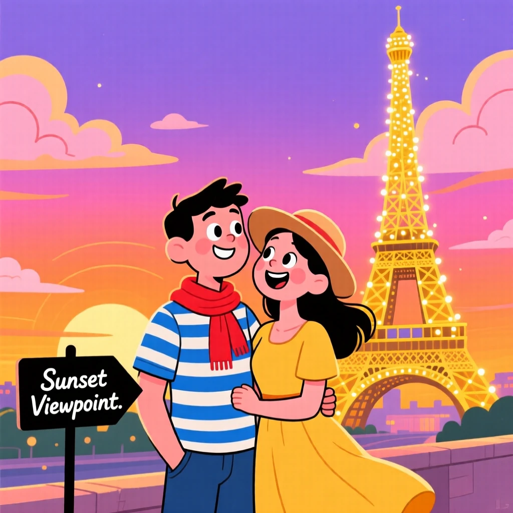 A couple watching the sunset beside a sparkling Eiffel Tower.