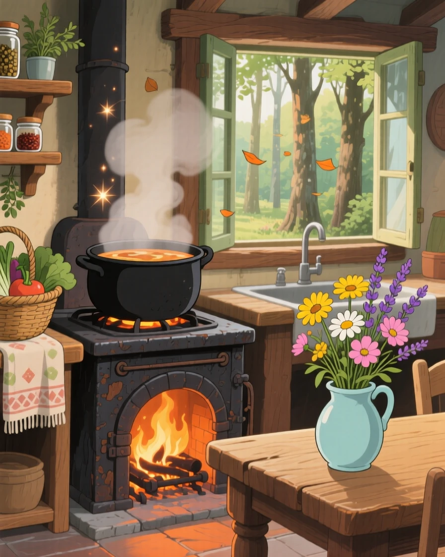 A warm, inviting scene of a steaming pot of soup simmering on a wood stove, with fresh flowers arranged nearby.