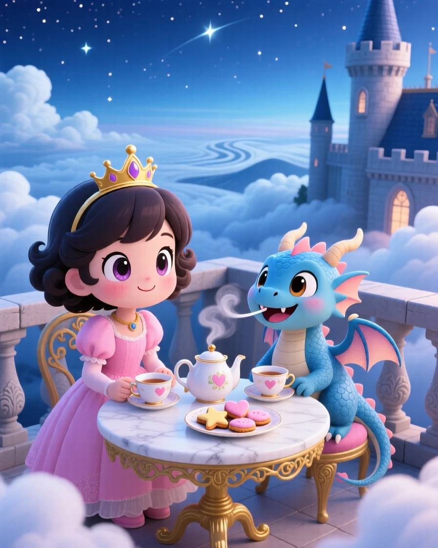 Extreme close-up of a young princess and her dragon friend, having tea on a castle rooftop, in a cloud-level castle terrace, beneath fluffy drifting clouds, illuminated by cool blue twilight glow, radiating giggling amusement.