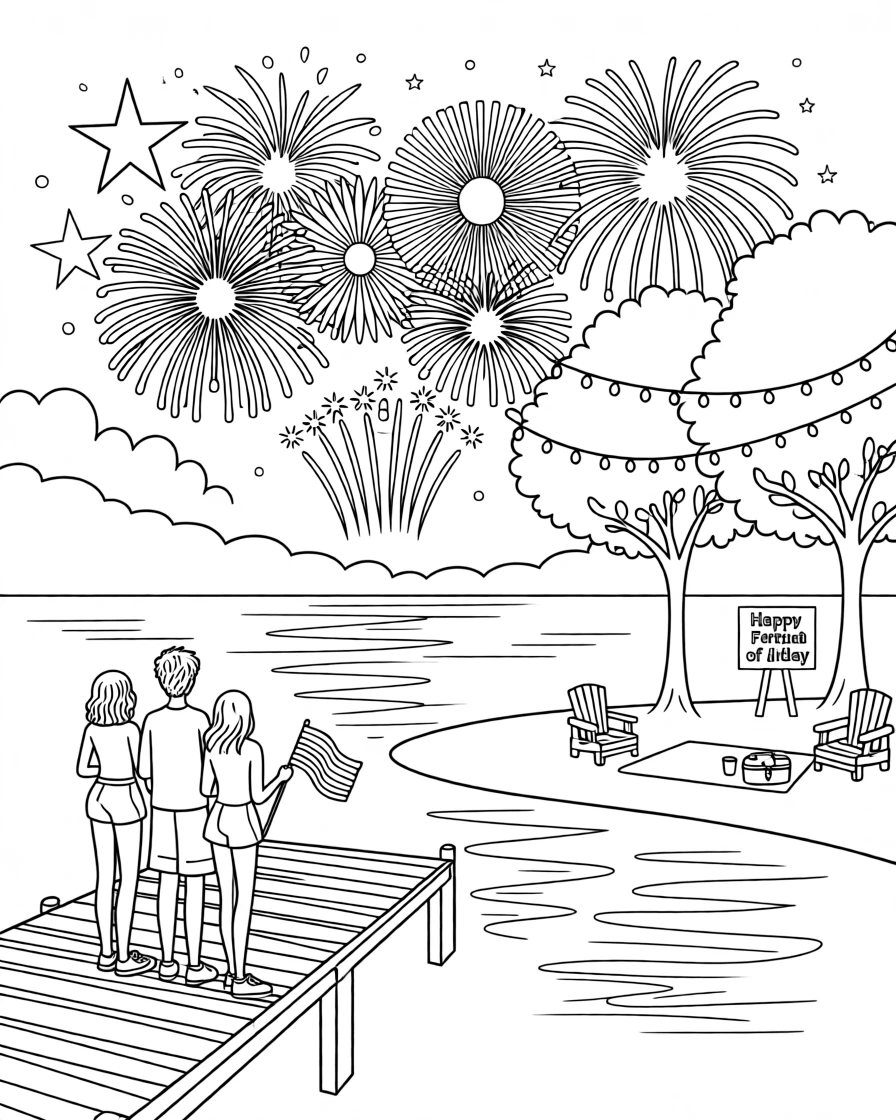 A Fourth of July fireworks show over a lake, with strings of lights framing the setting.