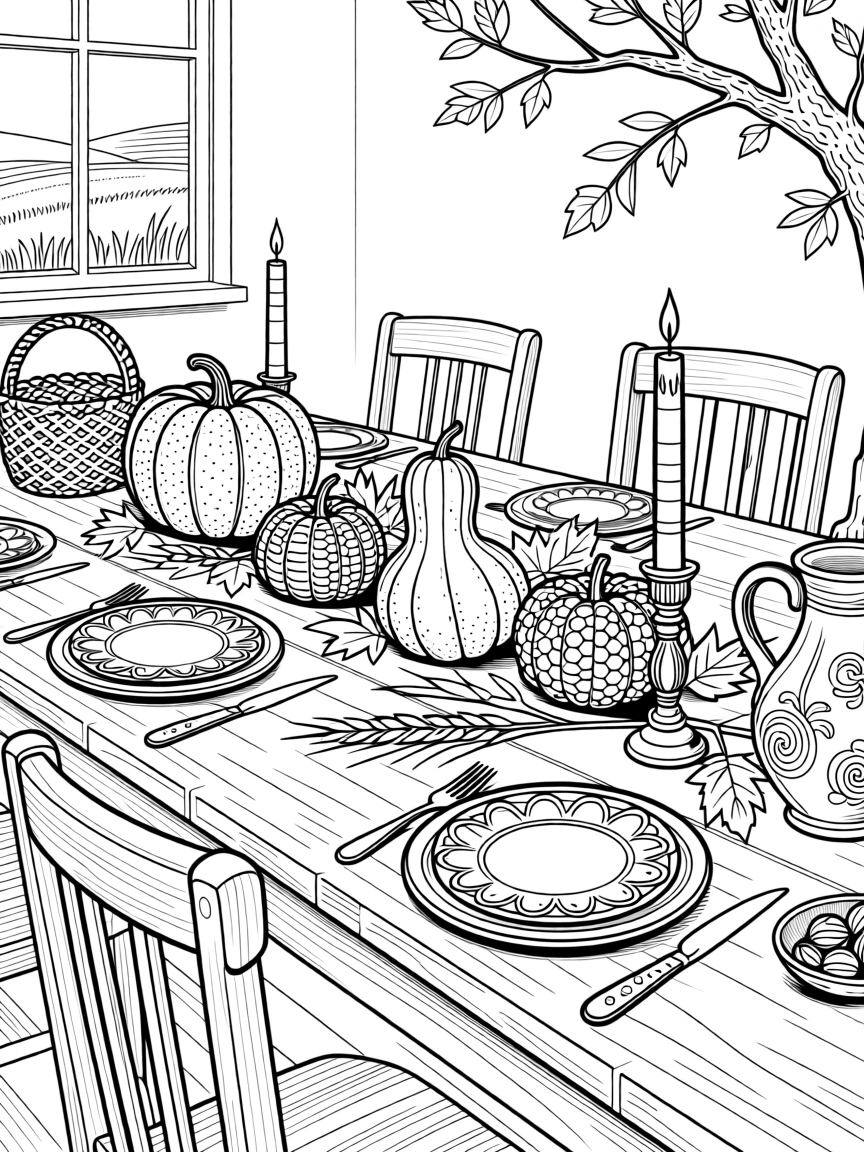 A farmhouse table set for a harvest dinner with candles and gourds.