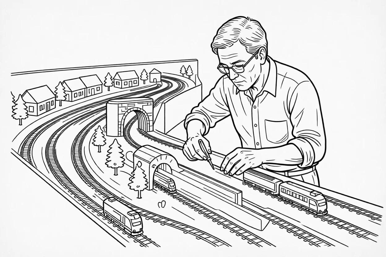 A model train enthusiast working on an elaborate layout