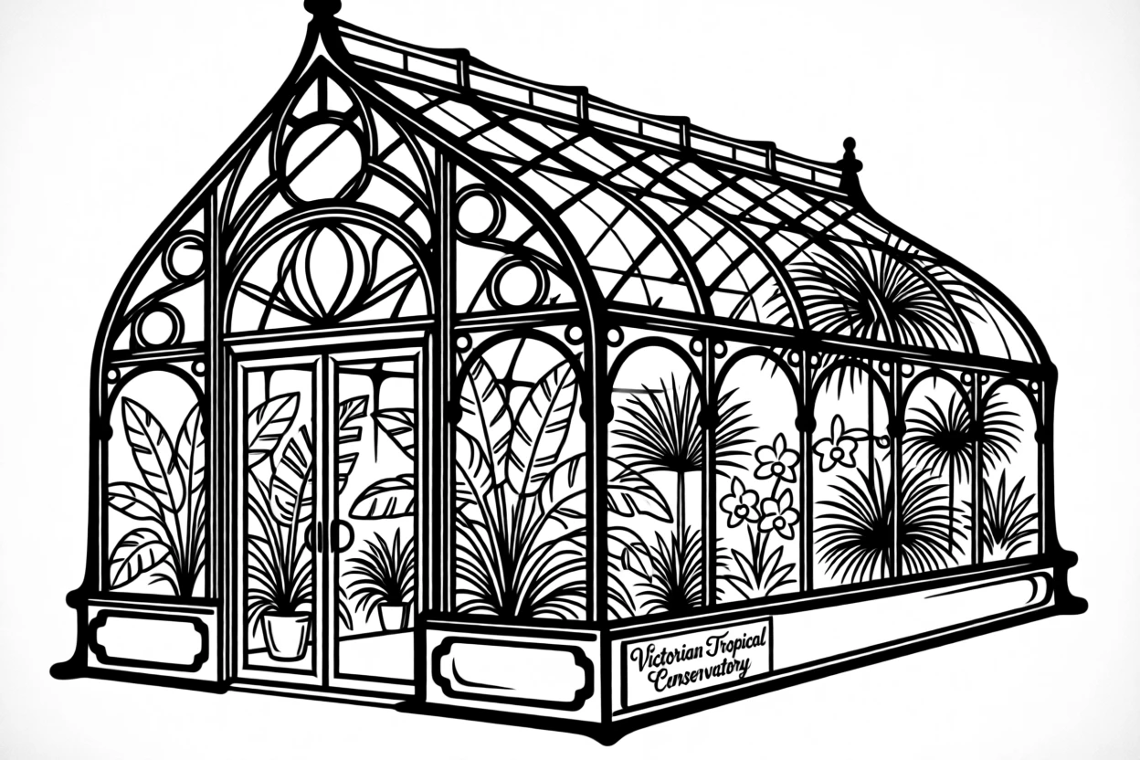 A grand Victorian greenhouse filled with exotic tropical plants.