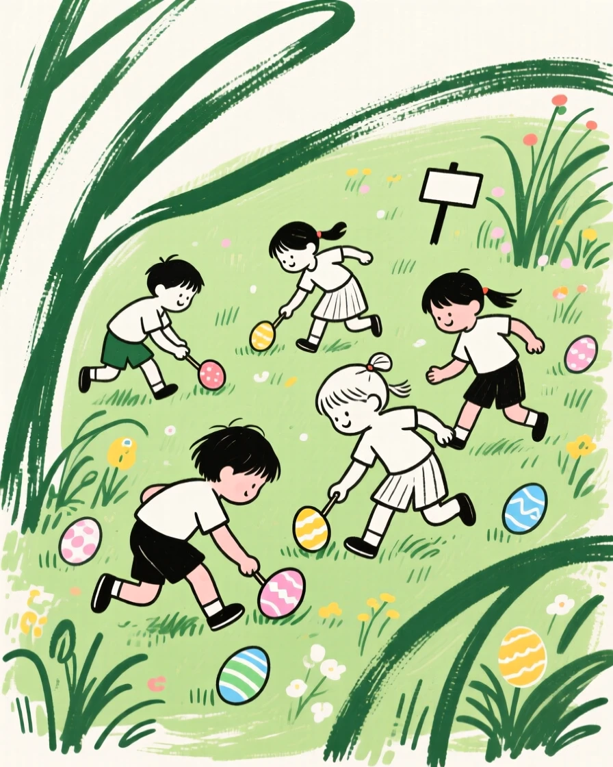 A group of children hunting for Easter eggs in a green garden.