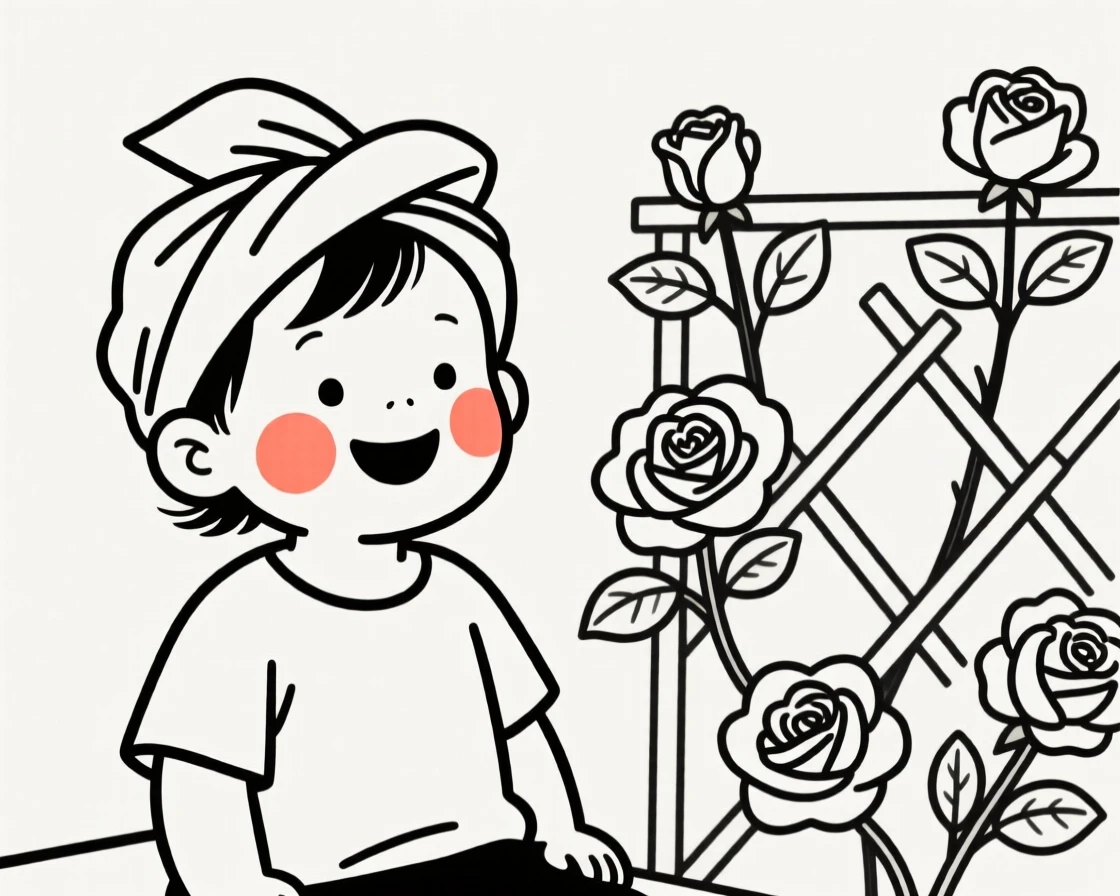 A toddler of Filipino heritage wearing a Nigerian gele headwrap, grinning mischievously, beside a blooming rose trellis.