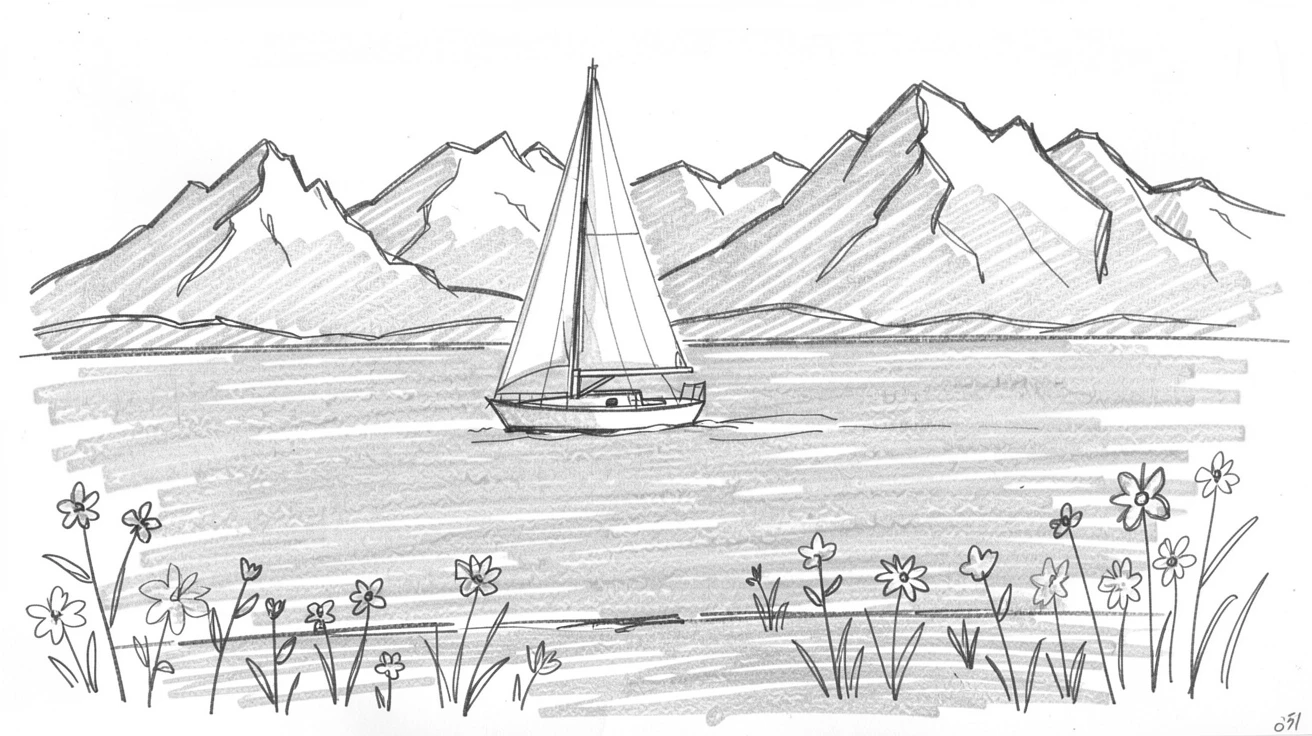 An eye-catching view of a sailboat gliding across calm turquoise water against a backdrop of snow-capped mountains, with wildflowers lining the roadside.