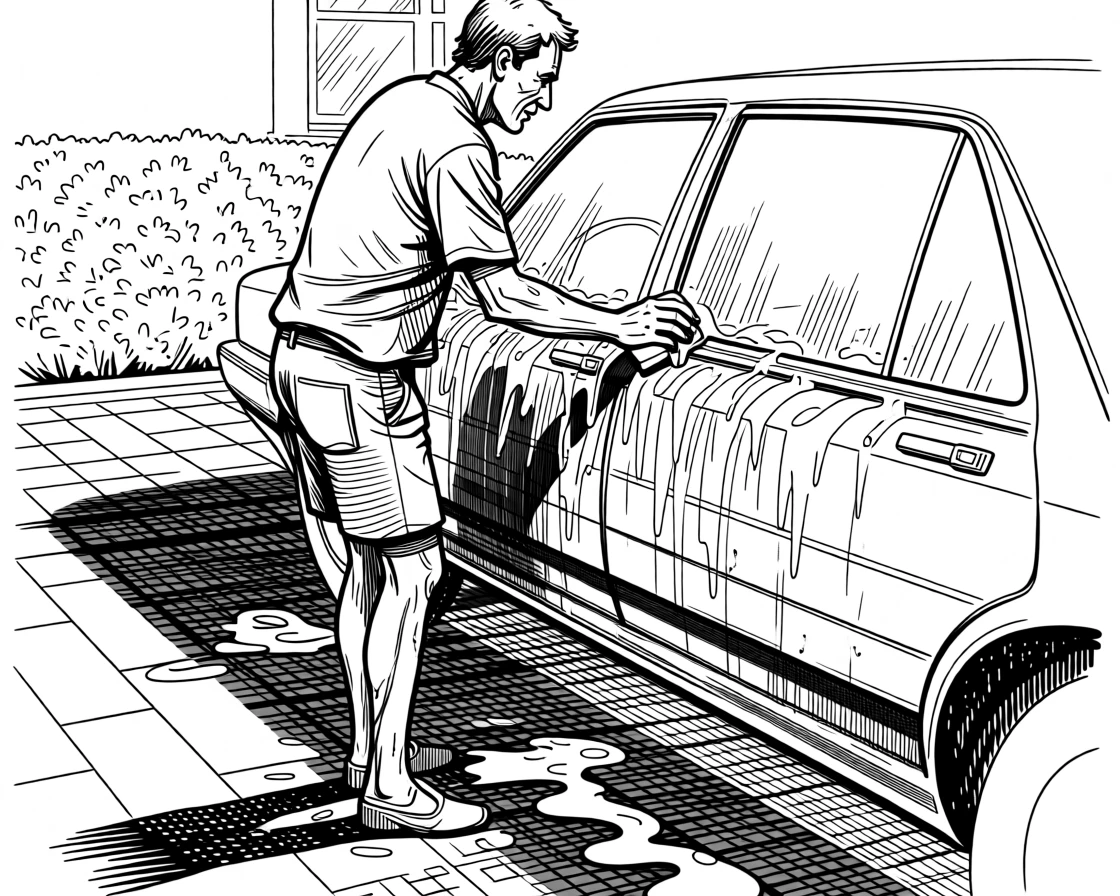 A man washing his car in the driveway on a warm weekend afternoon.