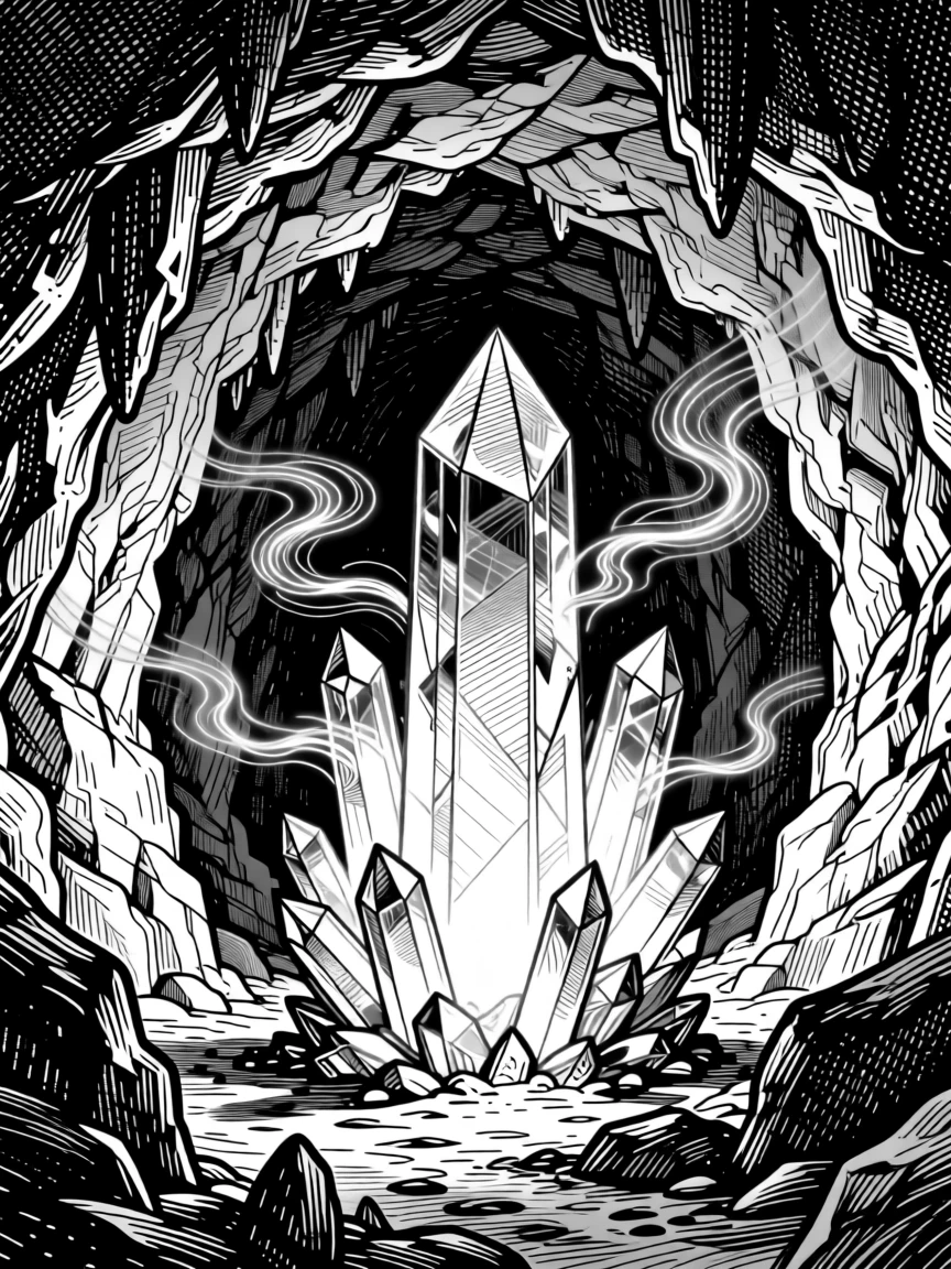 A crystal cave glowing with inner light deep within a glowing underground cavern, with wisps of magical light drifting through the air, forming an awe-inspiring and magical fantasy scene.