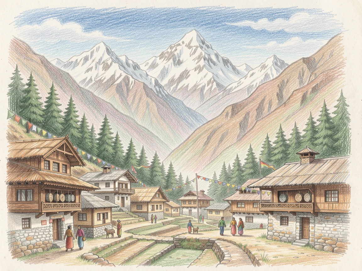 A Nepalese mountain village beneath towering Himalayan peaks, with delicate details that reward a closer look, perfect for anyone drawn to gentle, heartfelt imagery.