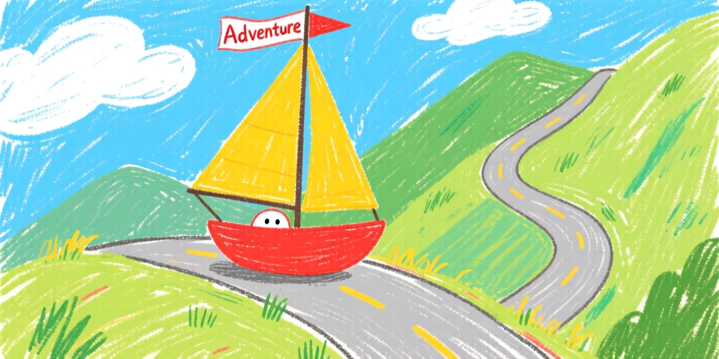 A small sailboat climbing a winding mountain road.