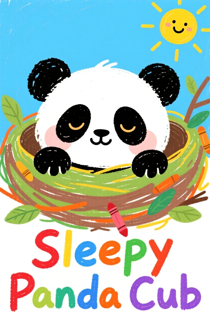 A sleepy panda cub peeking over the edge of its nest.