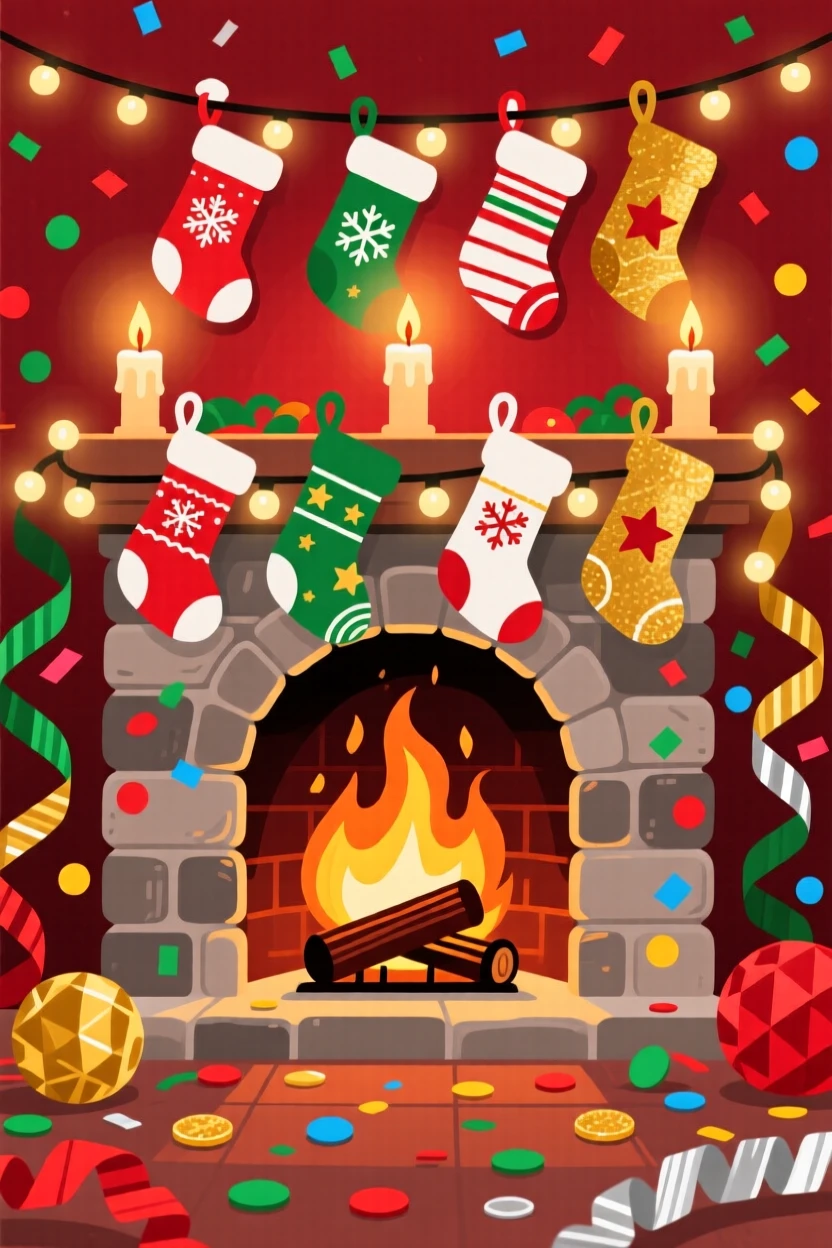 A cozy holiday fireplace scene with hung stockings and candles, surrounded by confetti and colorful paper decorations, arranged with vibrant colors creating a celebratory mood, with warm twinkling lights adding a magical sparkle.