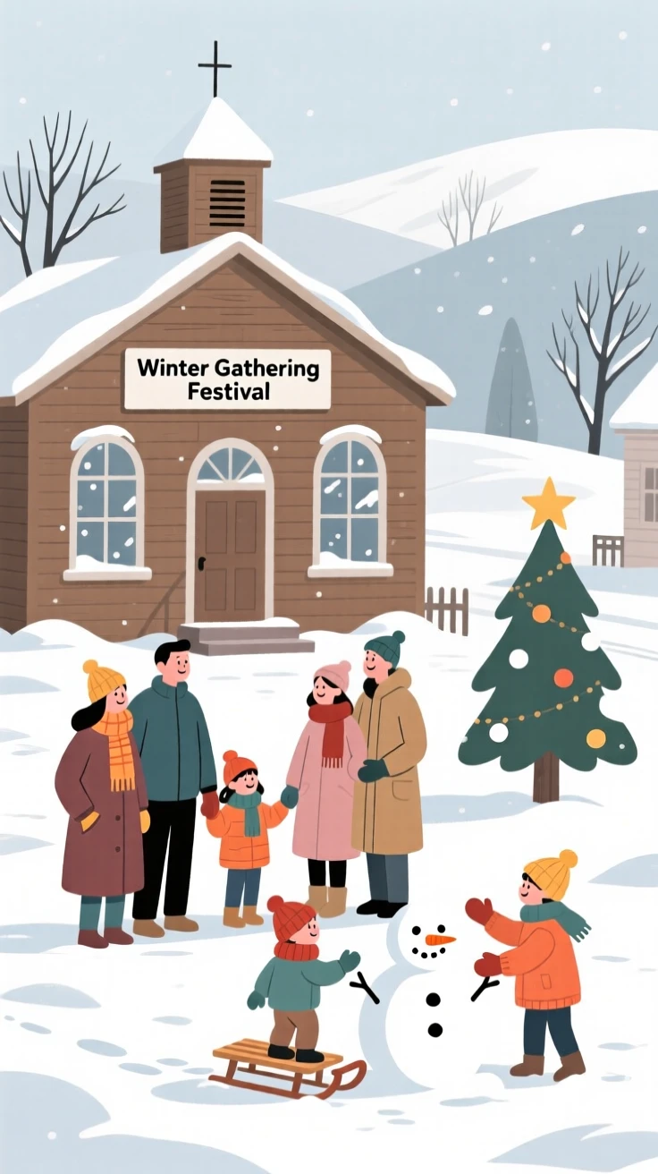 A winter scene of families gathering in a small countryside town.