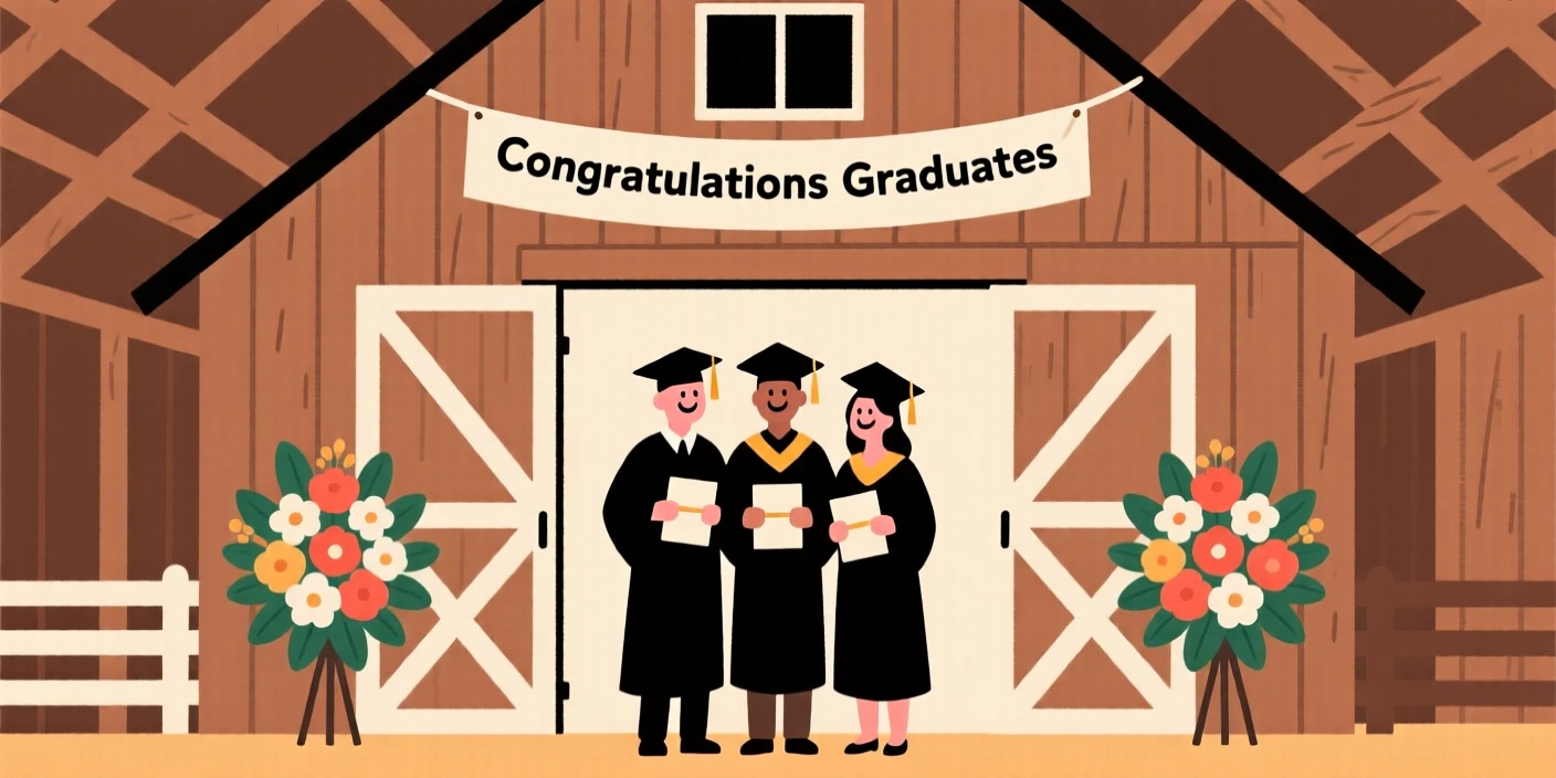 A joyful graduation ceremony taking place in a rustic barn, decorated with fresh flower arrangements, full of warm togetherness.